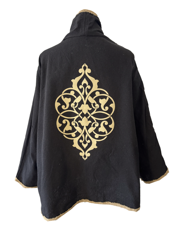 The Round Jacket in Black with Beige Silk Screen and Beige Trim