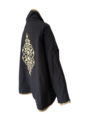 The Round Jacket in Black with Beige Silk Screen and Beige Trim