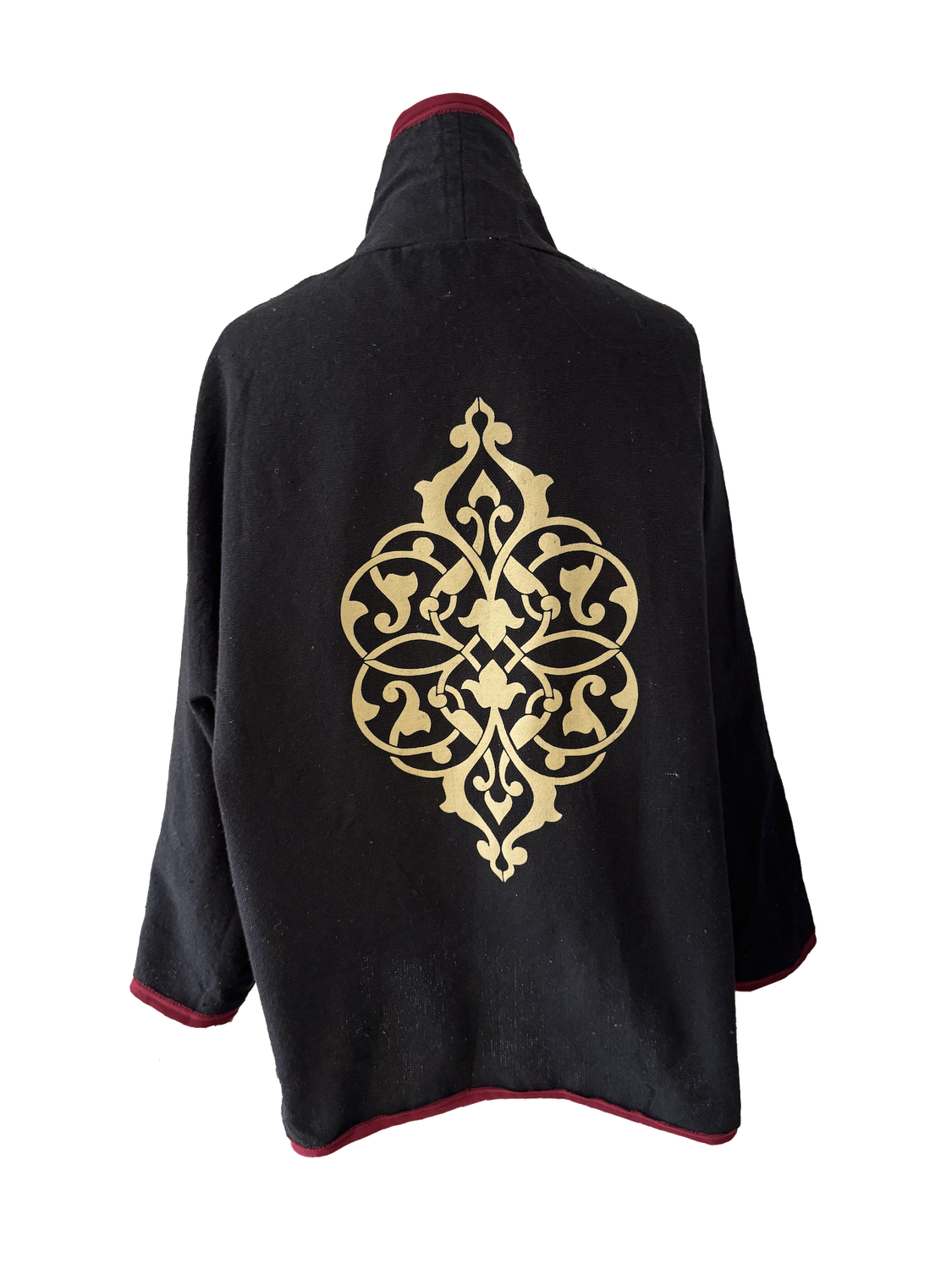 The Round Jacket in Black with Beige Silk Screen and Burgundy Trim