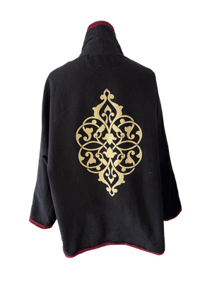 The Round Jacket in Black with Beige Silk Screen and Burgundy Trim