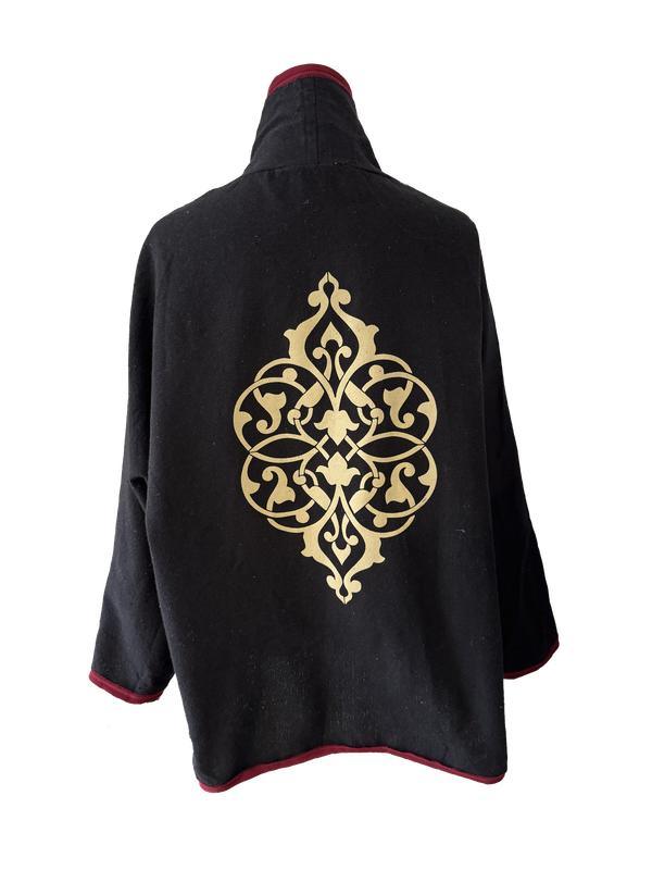 The Round Jacket in Black with Beige Silk Screen and Burgundy Trim