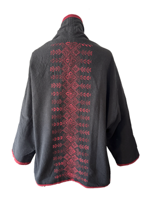 The Round Jacket in Black With Burgundy Trim and Burgundy Hand Embroidery