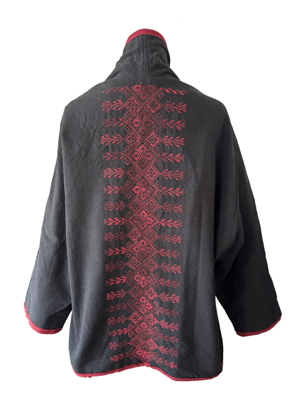 The Round Jacket in Black With Burgundy Trim and Burgundy Hand Embroidery