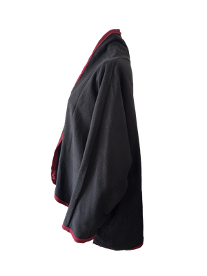 The Round Jacket in Black With Burgundy Trim and Red Hand Embroidery