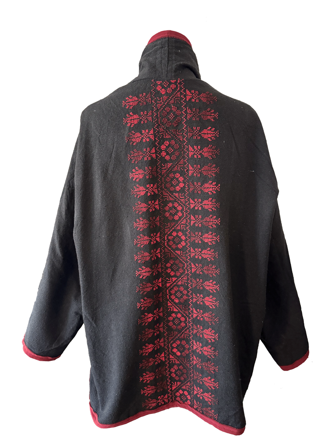 The Round Jacket in Black With Burgundy Trim and Red Hand Embroidery