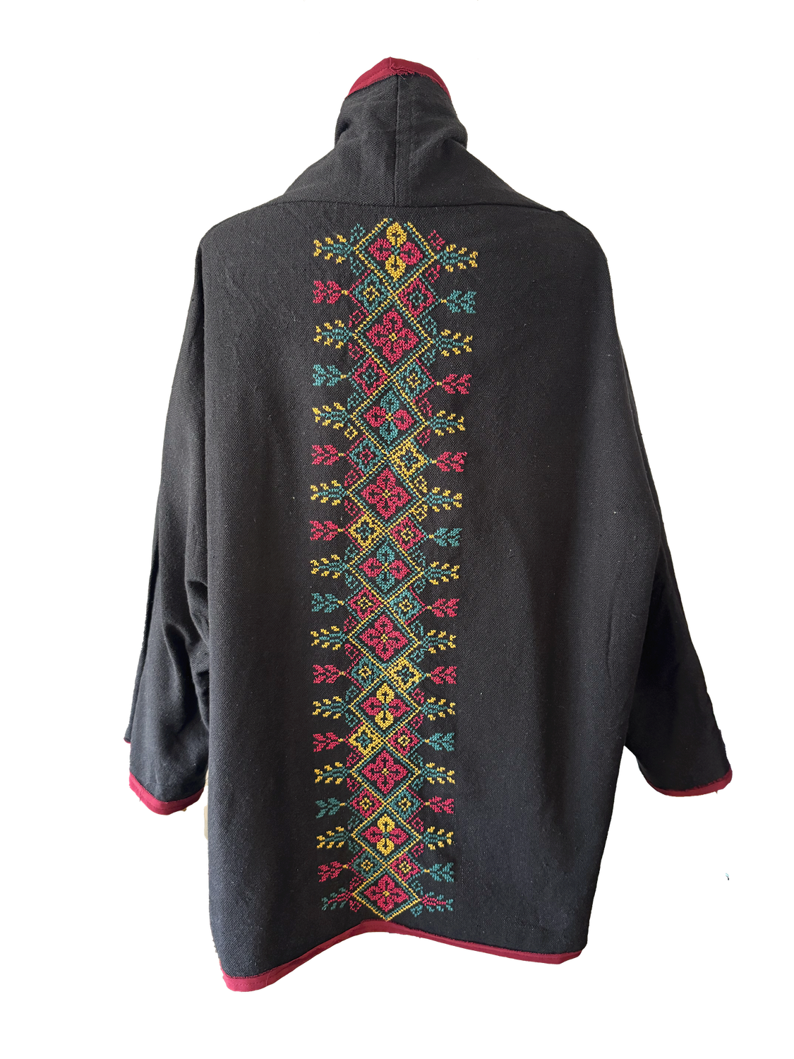 The Round Jacket in Black With Burgundy Trim and Hand Embroidery