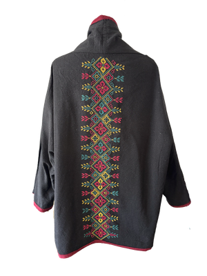 The Round Jacket in Black With Burgundy Trim and Hand Embroidery