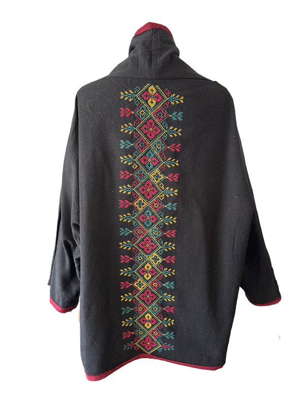 The Round Jacket in Black With Burgundy Trim and Hand Embroidery