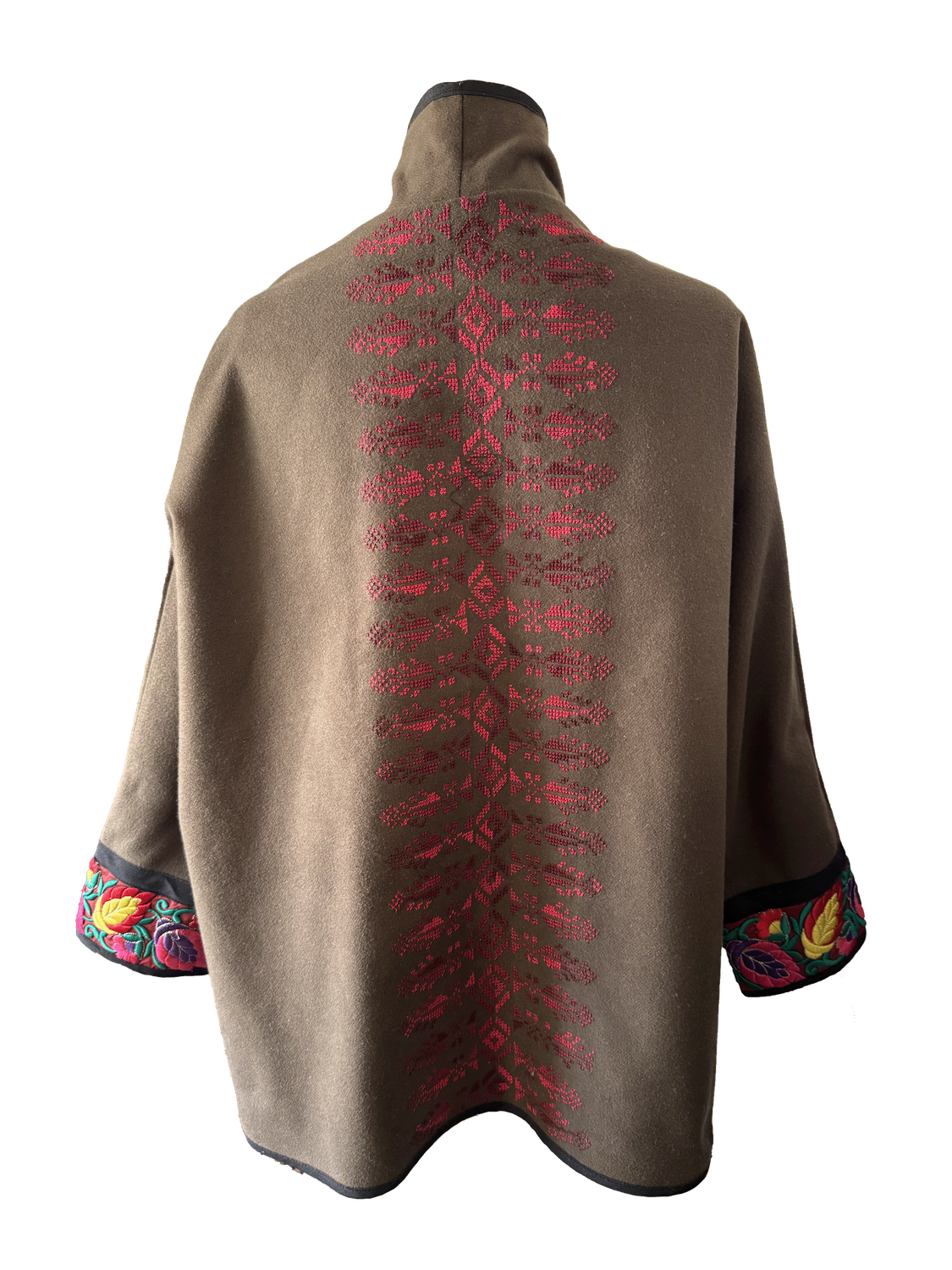 The Round Jacket in Brown With Red Hand Embroidery