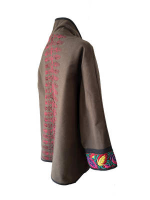 The Round Jacket in Brown With Red Hand Embroidery