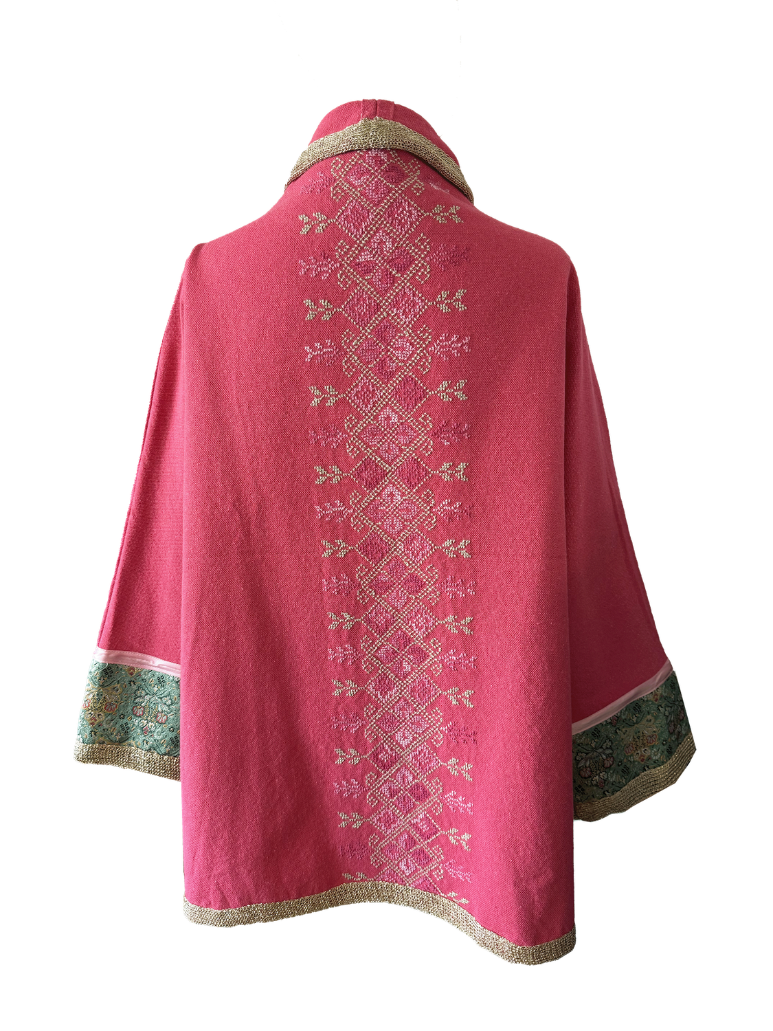 The Round Jacket in Pink With Hand Embroidery and Green Silk Cuffs