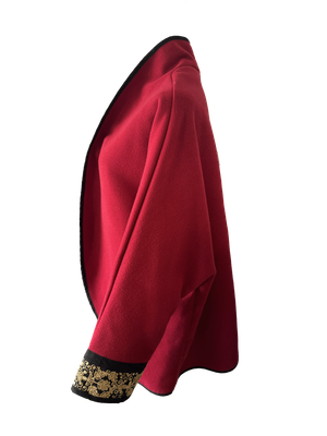 The Round Jacket in Red Wool With Black Hand Embroidery