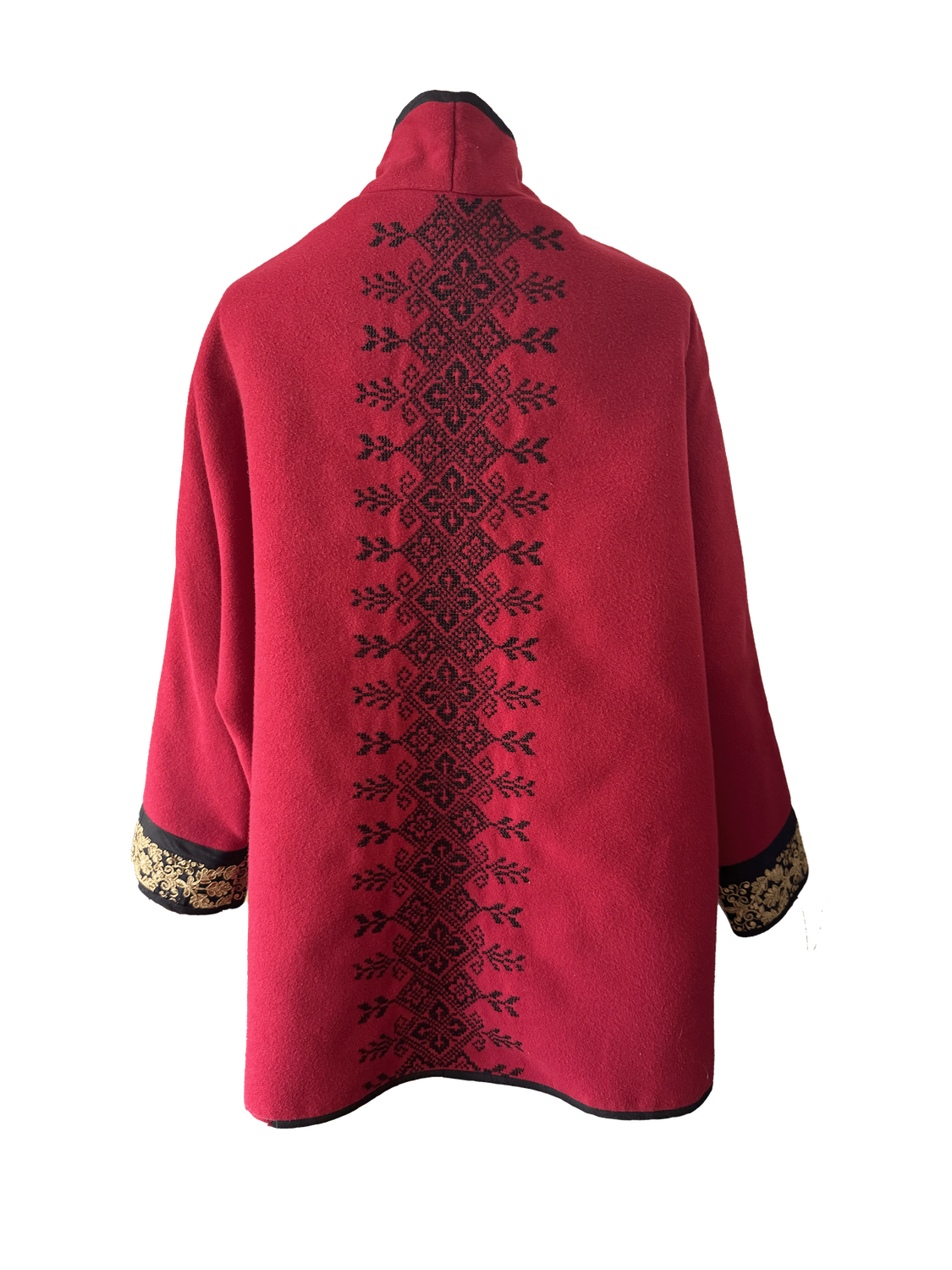 The Round Jacket in Red Wool With Black Hand Embroidery