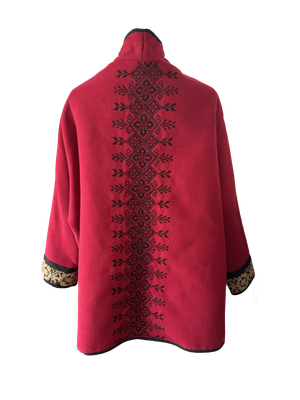 The Round Jacket in Red Wool With Black Hand Embroidery