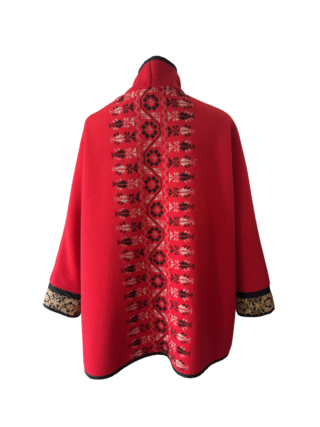The Round Jacket in Red Wool With Black and White Hand Embroidery