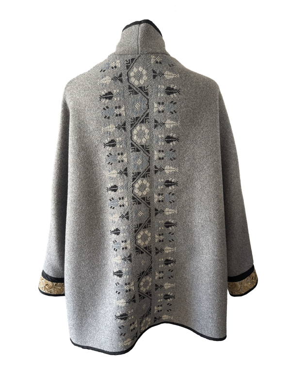 The Round Jacket in Light Grey With Baby Blue Hand Embroidery