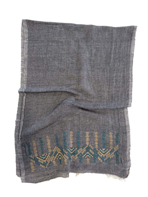 The Embroidered Egyptian Cotton Scarf in Charcoal Grey