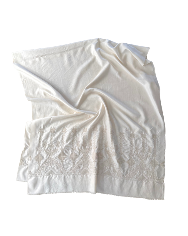 The Double Width Embroidered Silk Scarf in White