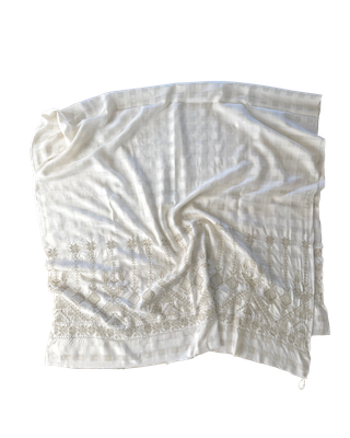 The Embroidered Double Width Silk Scarf in White with Heavy Embroidery