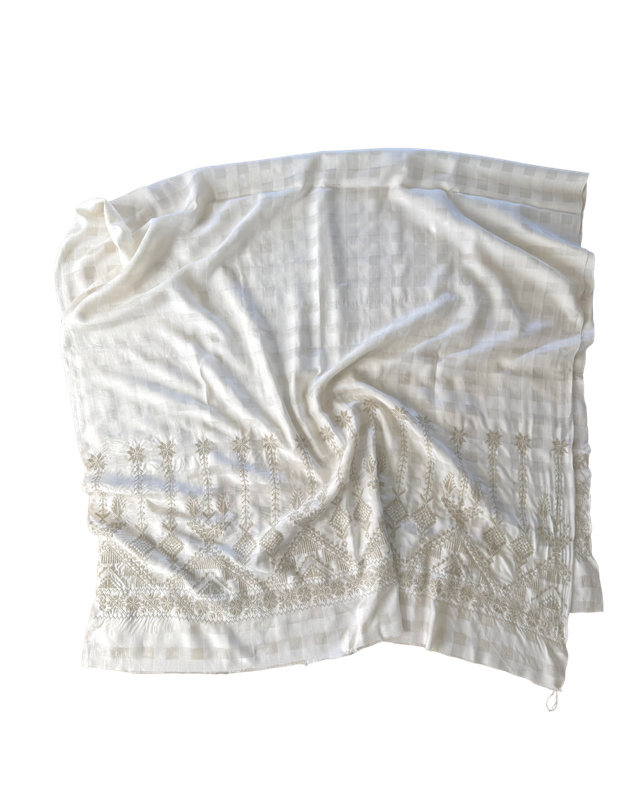 The Embroidered Double Width Silk Scarf in White with Heavy Embroidery