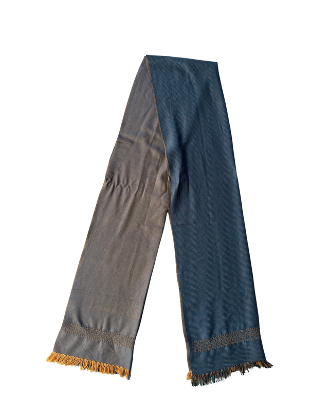 The Men's Scarf in Teal and Ochre with Embroidery on Both Sides