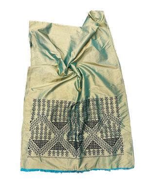 The Embroidered Double Width Thai Silk Scarf in Bright Green