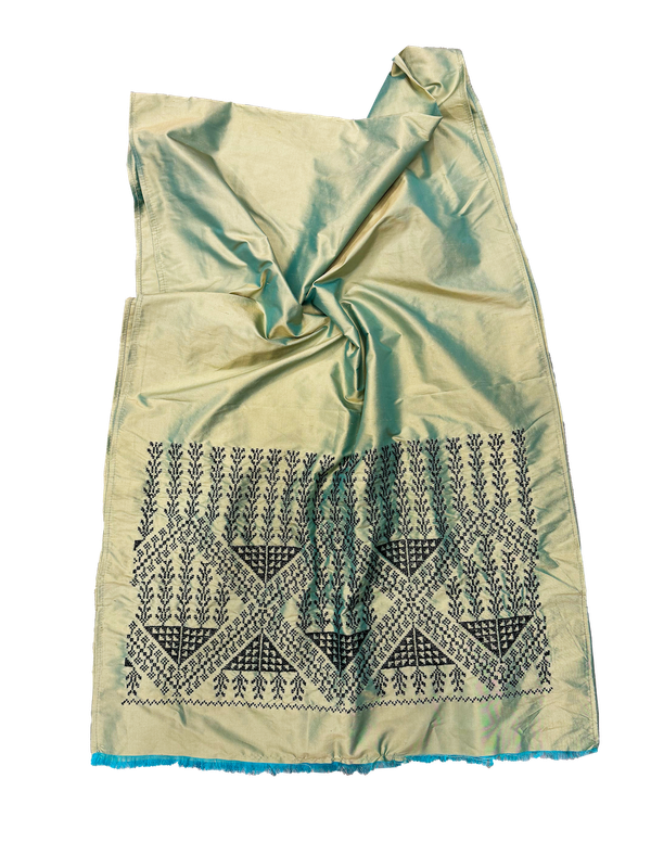 The Embroidered Double Width Thai Silk Scarf in Bright Green