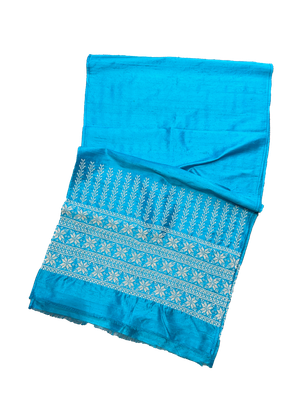 The Embroidered Double Width Thai Silk Scarf in Turquoise
