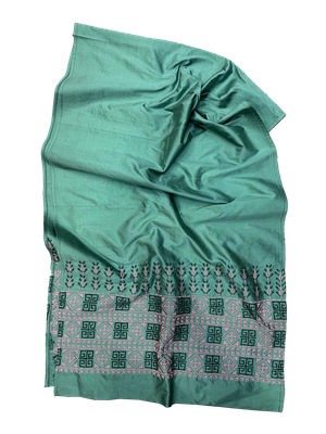 The Embroidered Double Width Thai Silk Scarf in Muted Green