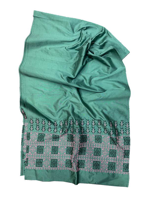 The Embroidered Double Width Thai Silk Scarf in Muted Green