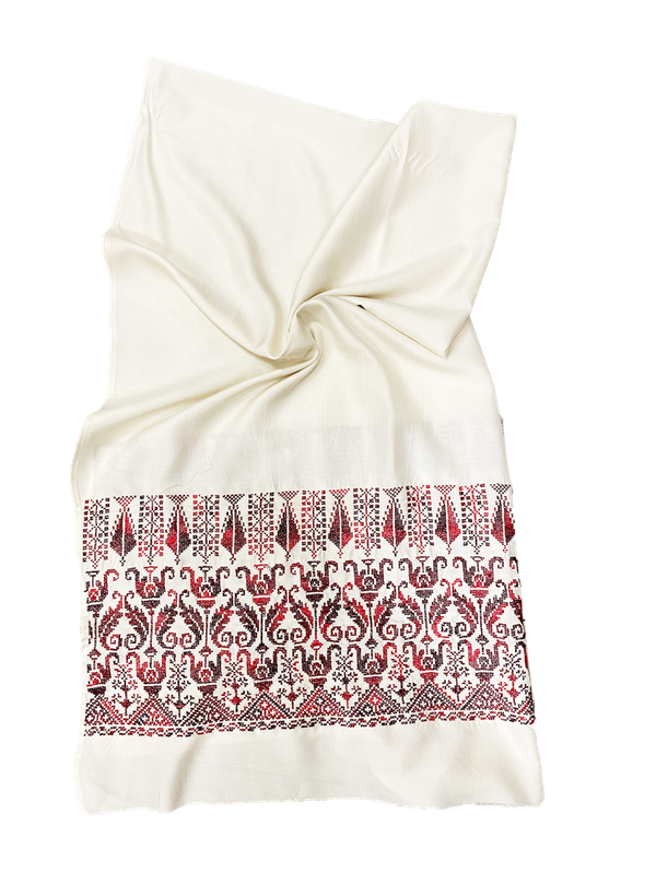 The Wide Embroidered Silk Scarf in White
