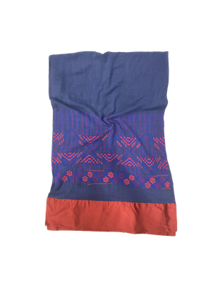 The Embroidered Scarf in Blue With Thai Silk Trim
