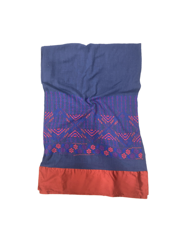 The Embroidered Scarf in Blue With Thai Silk Trim
