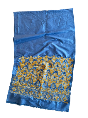 The Embroidered Double Width Thai Silk Scarf in Blue