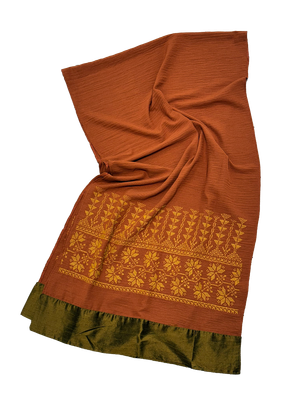 The Wide Embroidered Scarf with Thai Silk Trim in Brown