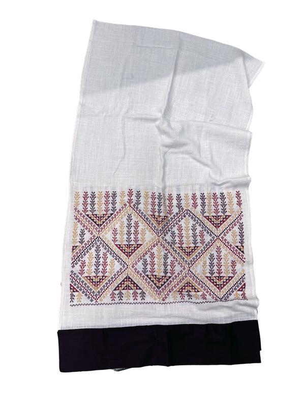 The Embroidered Scarf in White With Thai Silk Trim