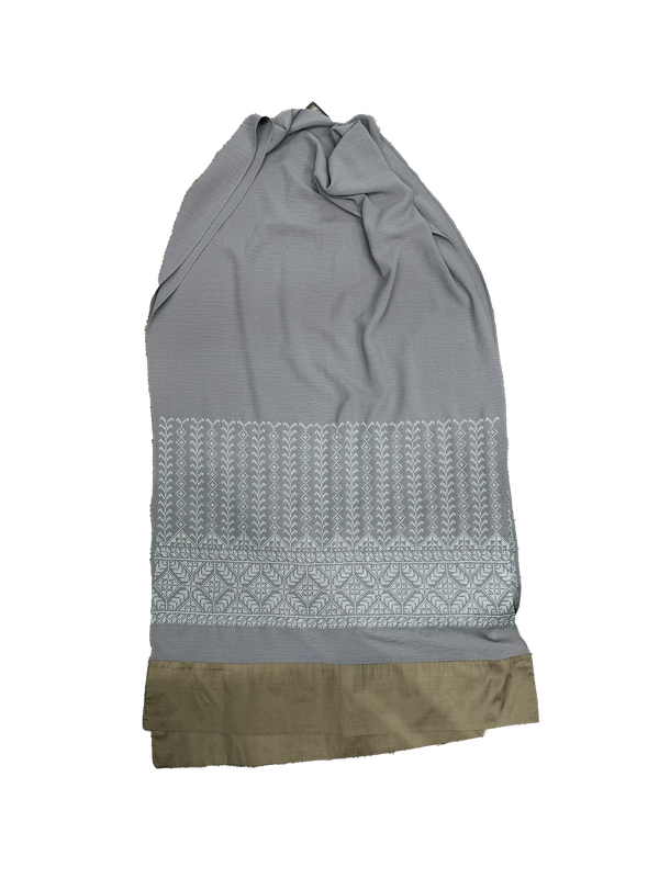 The Wide Embroidered Scarf with Thai Silk Trim in Grey