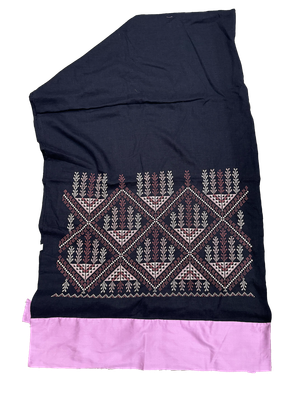 The Embroidered Scarf in Navy Blue With Thai Silk Trim