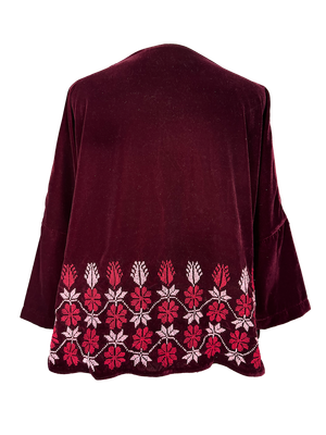 The Velvet Boxy With Horizontal Hand Embroidery in Burgundy