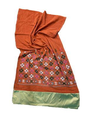 The Embroidered Scarf in Burnt Orange With Thai Silk Trim