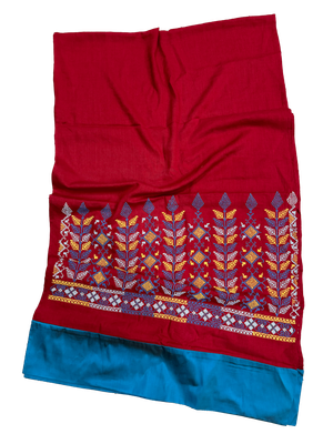 The Embroidered Scarf in Red With Thai Silk Trim