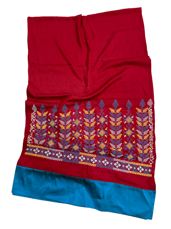 The Embroidered Scarf in Red With Thai Silk Trim