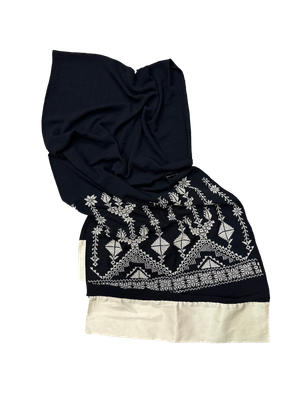 The Wide Embroidered Scarf with Thai Silk Trim in Black