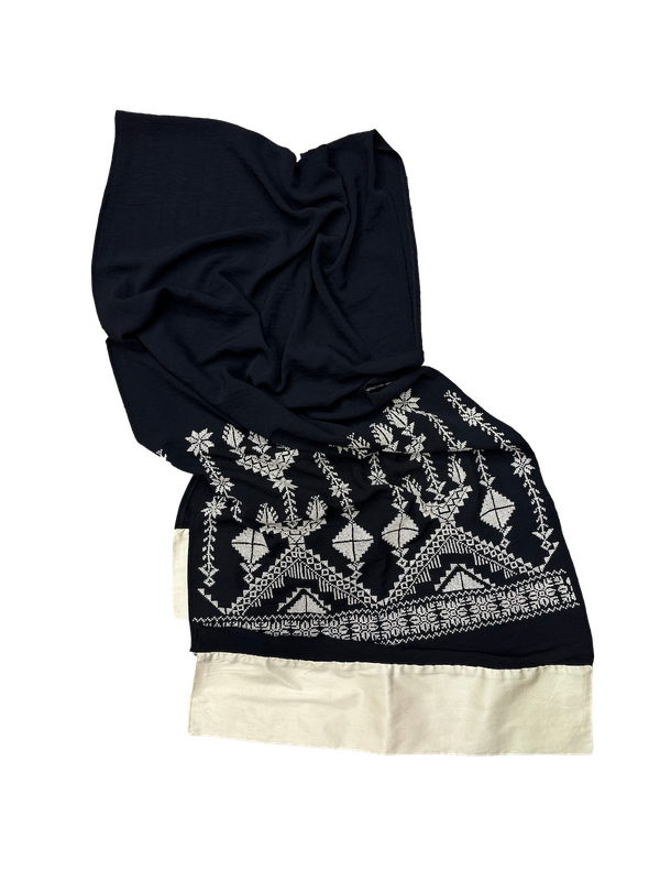 The Wide Embroidered Scarf with Thai Silk Trim in Black