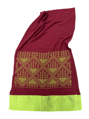 The Embroidered Scarf in Burgundy With Thai Silk Trim