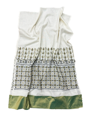 The Extra Wide Embroidered Scarf in White With Thai Silk