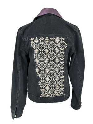 The Heavily Embroidered Denim Jacket in Black With Purple Silk