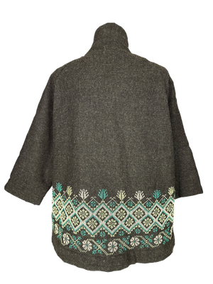 The Embroidered Round Jacket in Dark Brown With Teal Embroidery