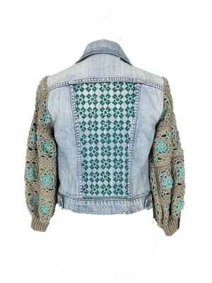 The Heavily Embroidered Denim Jacket with Crochet Sleeves in Blue