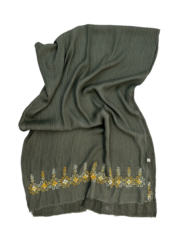 The Lightly Embroidered Scarf in Olive Green